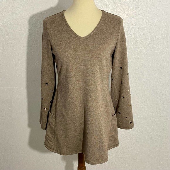 Susan Graver Weekend Knit Tunic Women's Size XS Tan Oversized Hip Pockets - Picture 1 of 11
